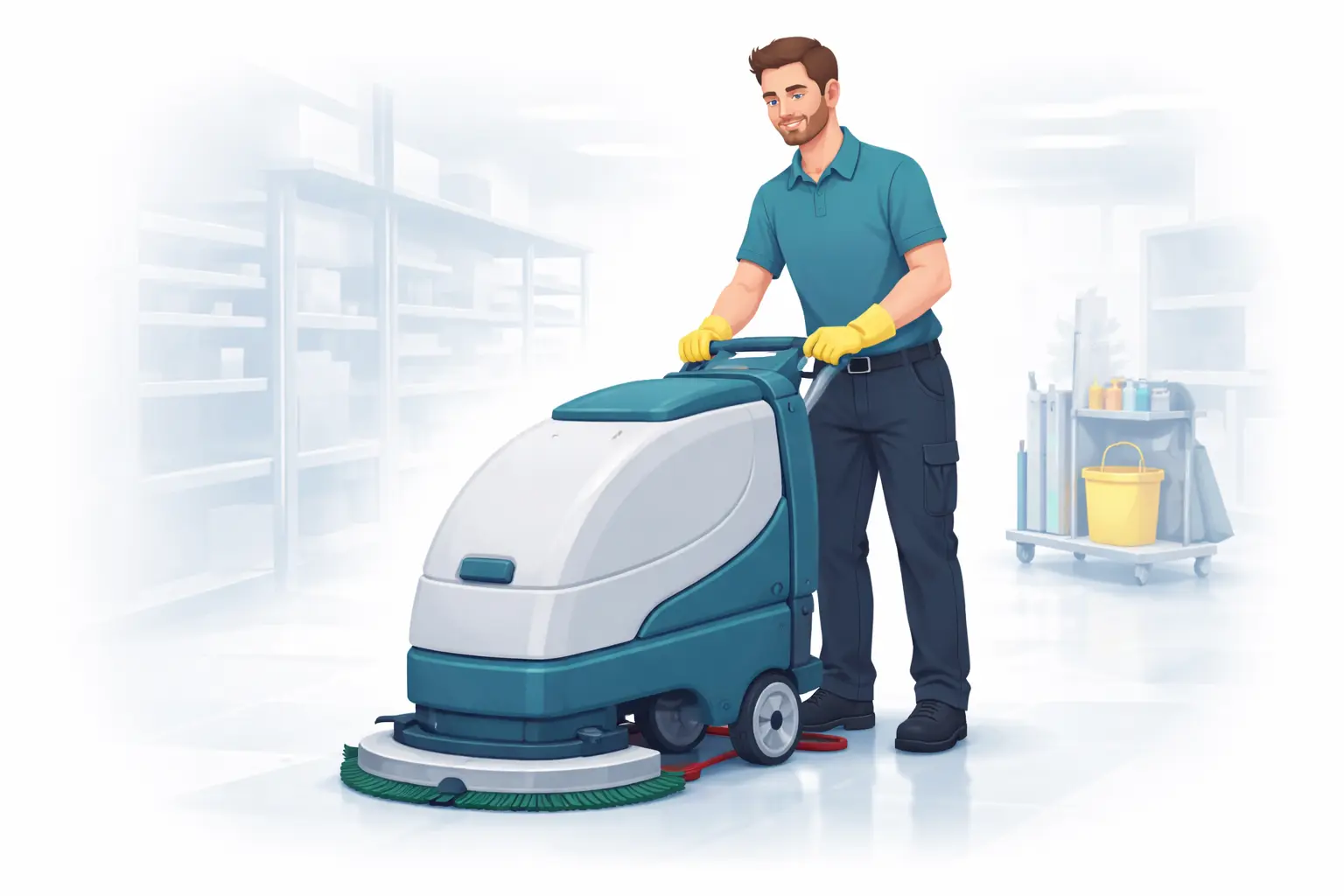 Illustration de nettoyage industriel en entrepôt